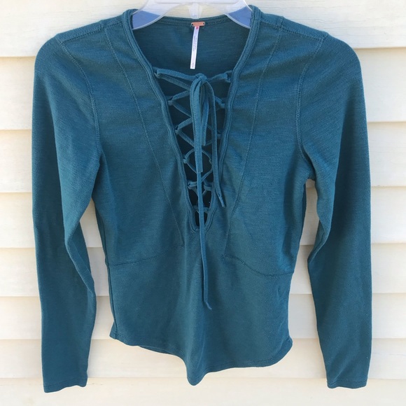 Free People Lucky Lace up Long Sleeve Top Turquois - Picture 2 of 7